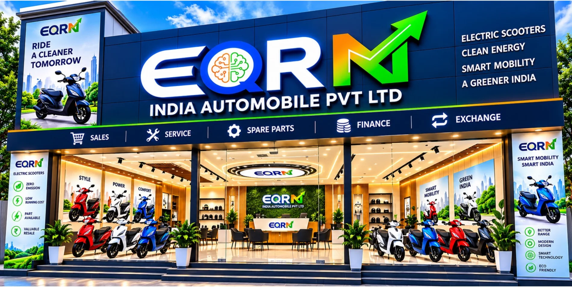 Illustrative EQRN showroom exterior from the supplied brochure